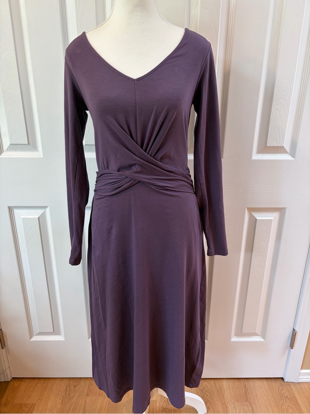 Pact Purple Wrap Front Long Sleeve  V Neck Midi Organic Cotton Dress Size S